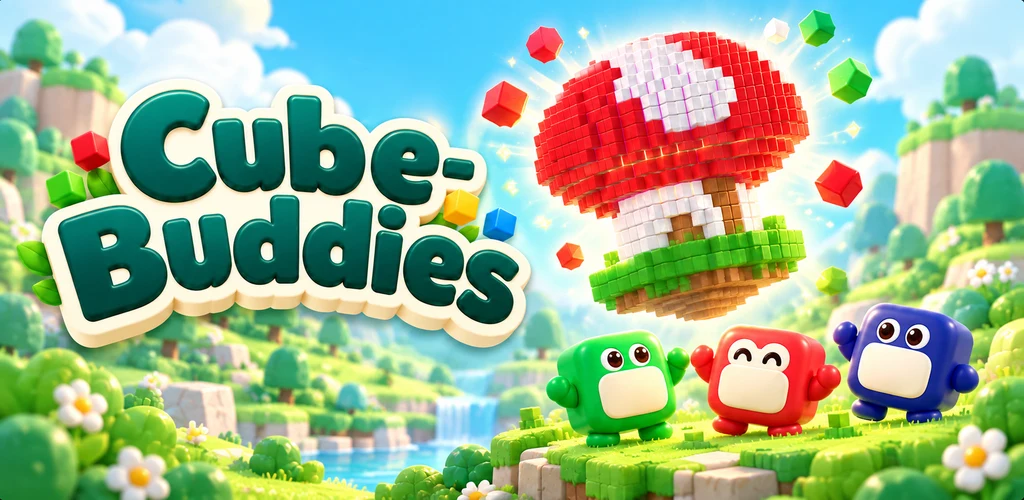 Red, green and blue cube buddies beneath a floating voxel mushroom